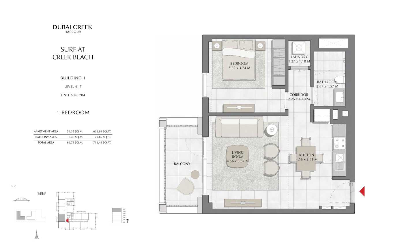 Building 1, 1 Bedroom, Level 6, 7, Size 718 Sq Ft